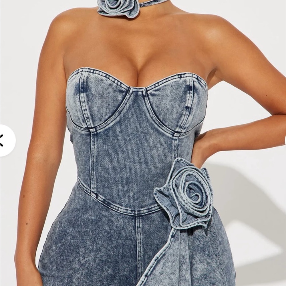 Fashion Nova Focus On Me Denim Jumpsuit with Floral Choker - Picture 2 of 6